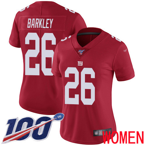 Women New York Giants 26 Saquon Barkley Red Limited Red Inverted Legend 100th Season Football NFL Jersey